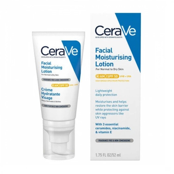 CeraVe Loción Facial Hidratante SPF 50 52 ml – Protección Solar Alta Piel Normal a Seca (AM)